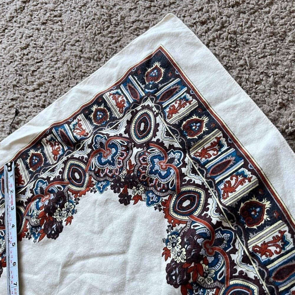 VTG Boho Paisley Border Scarf Cream Brown Blue Ultra Soft 28” - Picture 6 of 8